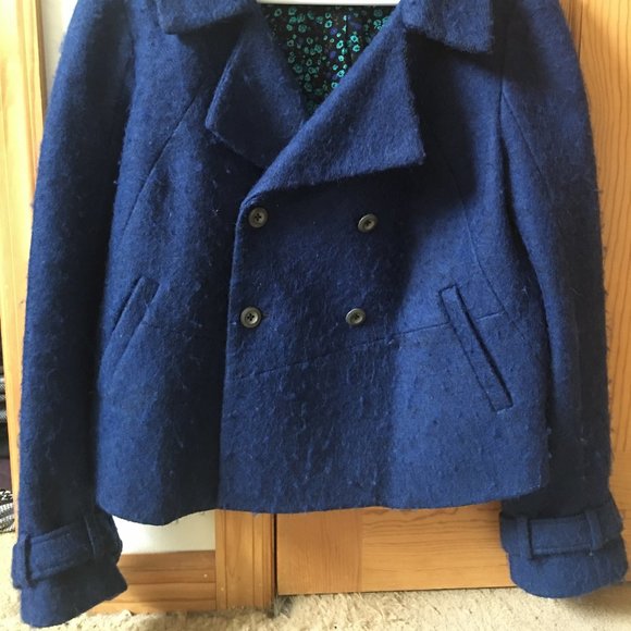 Free People Royal Blue Fuzzy Wool Blend Pea Coat - Picture 4 of 13
